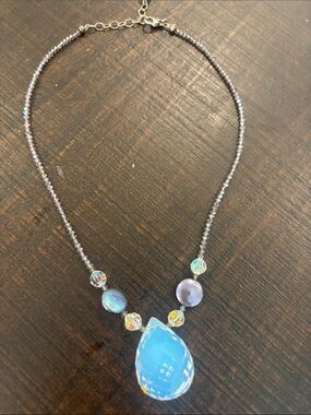 Vintage Emily Ray 925 Sterling Silver Opalite Teardrop Statement Necklace